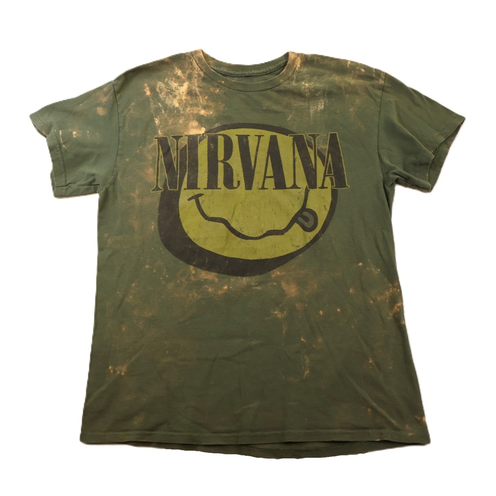Nirvana Mens Medium T-Shirt Green Bleached Distressed Smiley Nevermind Graphic